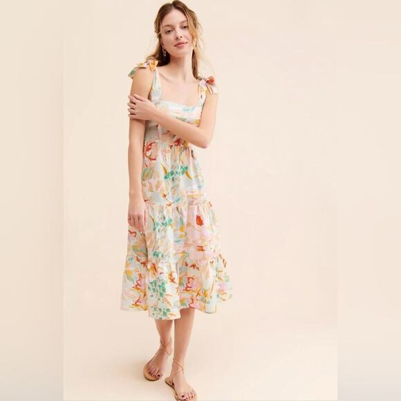 Anthropologie Kachel Women’s Tie-Strap Linen Floral Boho Dress | Size 0 - Picture 1 of 3